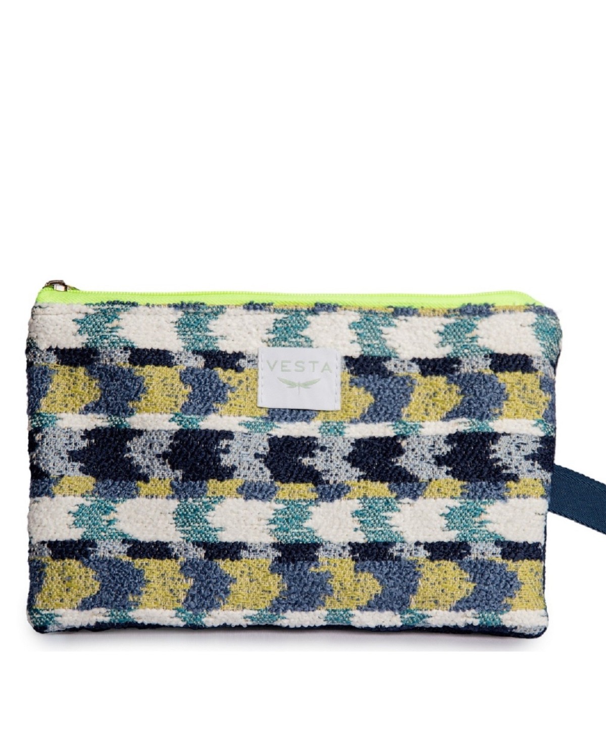 Cartera de mano elegante en tejido exclusivo. Color azul. Cremallera fluor. Calidad premium. Estilo y toque único