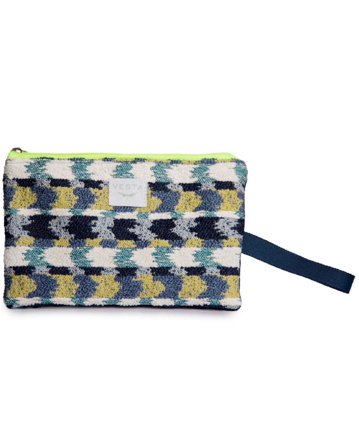 Cartera de mano elegante en tejido exclusivo. Color azul. Cremallera fluor. Calidad premium. Estilo y toque único