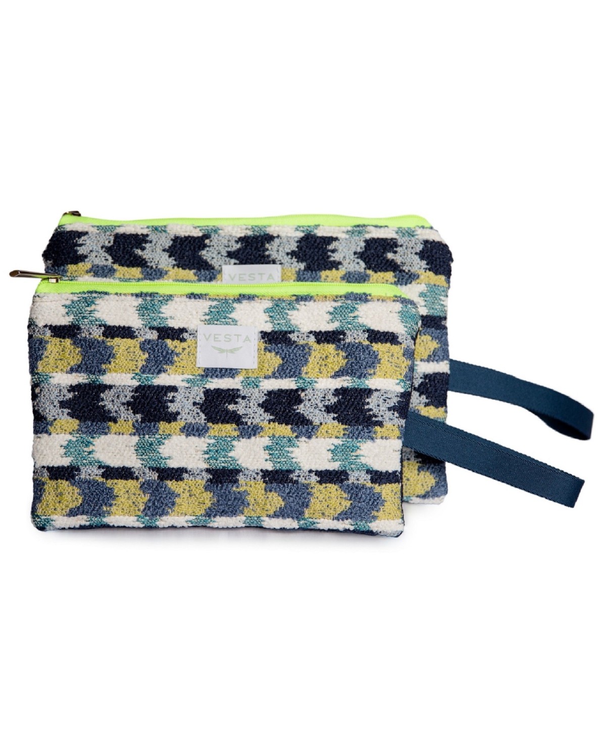 Cartera de mano elegante en tejido exclusivo. Color azul. Cremallera fluor. Calidad premium. Estilo y toque único
