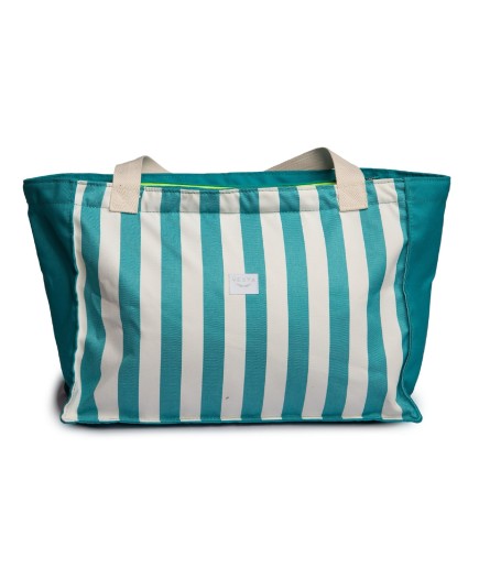 Bolso o Maxi bolsa de tela repelente al agua y gran capacidad. Color aguamarina a rayas. Cremallera fluor