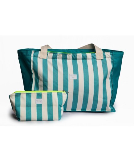 Bolso o Maxi bolsa de tela repelente al agua y gran capacidad. Neceser impermeable a juego. Color aguamarina a rayas. Fluor